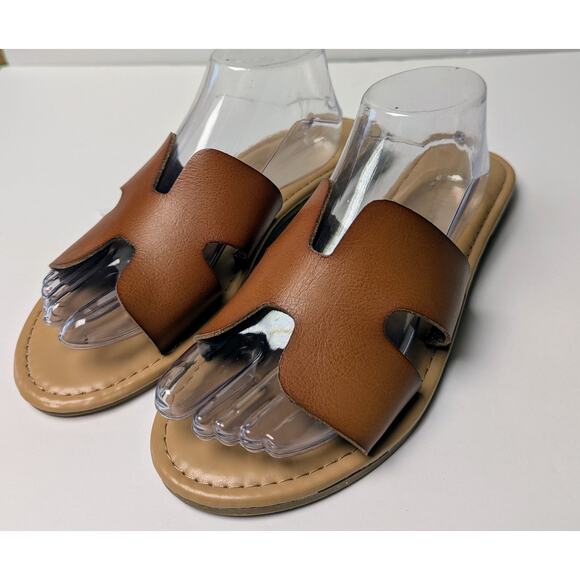 Montego Bay Club Cognac Sandals WOMENS 11 Vegan Leather Slip On Slides Cruise - Picture 1 of 8